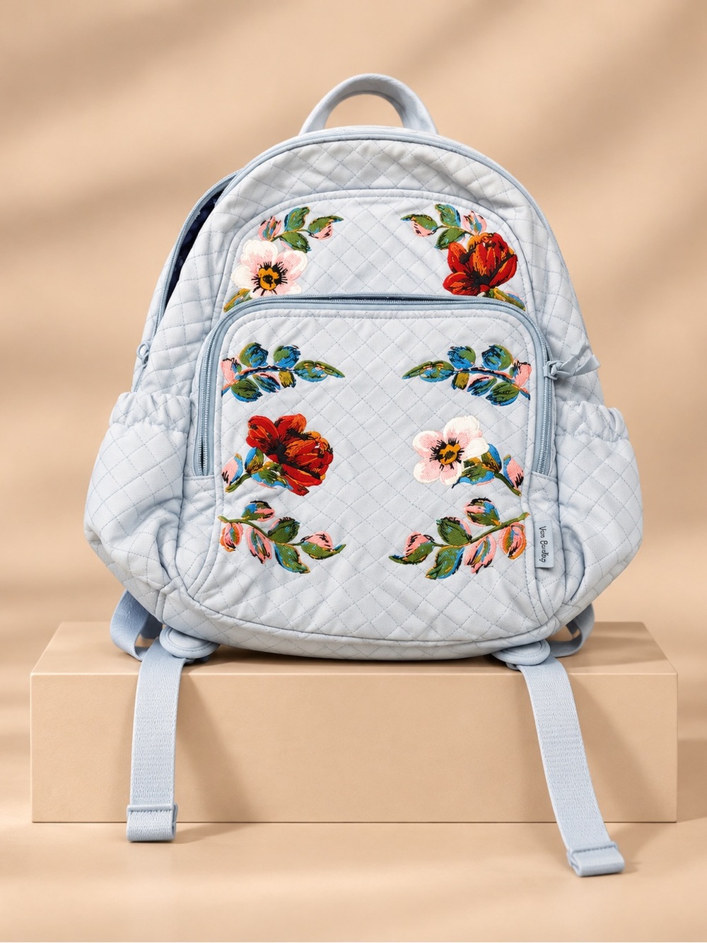 Vera Bradley Large Blue Quilted Floral Embroidered Backpack Boho Cottagecore